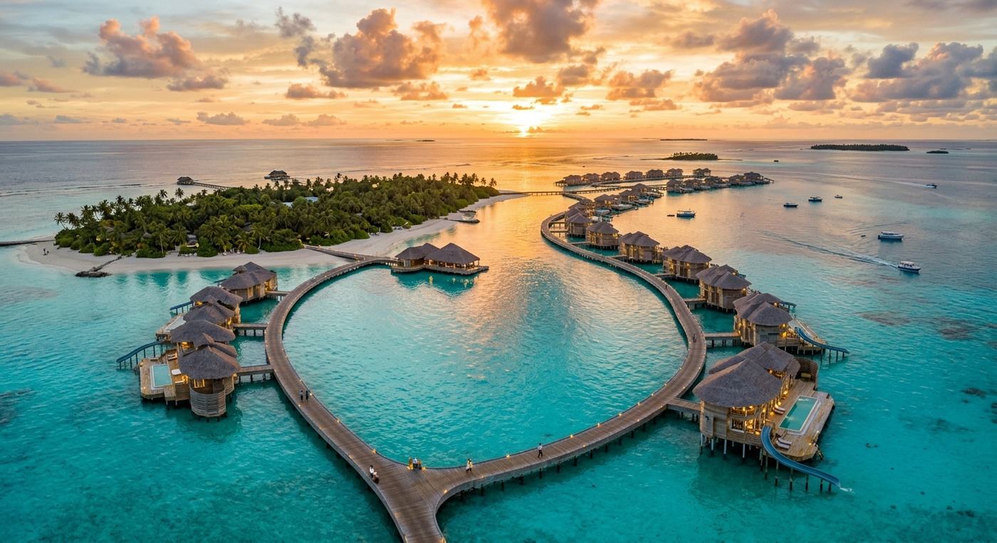 Cinematic aerial view of turquoise waters and a luxury overwater villa at golden hour